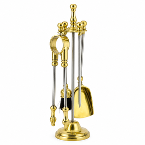 Luxury Antique Brass <b>Fireplace</b> <b>Tools</b> <b>Set</b> 5 Pieces Gold Fireside Companion <b>Set</b> With Stand For Indoor Wood Stove And Home Decor - Product Image 1