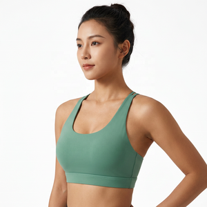 Soutien-gorge de sport pour femme, col rond, bretelles croisées, maintien moyen, yoga, fitness, respirant, séchage rapide, vert uni - Product Image 3