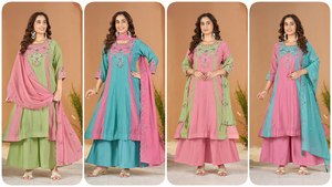 Ensemble Salwar traditionnel pour femme en Chanderi, longueur cheville, avec dupatta brodée, combinaison de couleurs rose et vert, coupe classique - Product Image 2