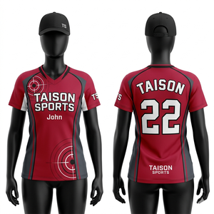 Jersey de Tiro Premium para Mujer, Transpirable, que Absorbe la Humedad, Diseño con Paneles Rojos y Grises, Sublimación por Transferencia de Calor, Logotipo Personalizado - Product Image 2