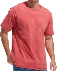 T-shirt en coton rouge uni pour homme, manches courtes, col rond, coupe classique, jersey tricoté, décontracté, uni, teinture basique - Product Image 3