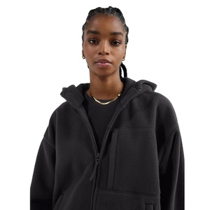Sweat-shirt en molleton à capuche surdimensionné pour femme, fermeture éclair, noir uni, coupe ample classique - Product Image 1