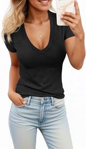 Womens Summer Sexy Short Sleeve Tshirt <b>Tops</b> Deep V Neck Shirts Casual Slim Fit Basic T-Shirt Tee - Product Image 3