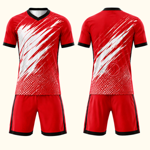 Conjunto de Camiseta de Fútbol Roja para Hombre, Cuello en V, Manga Corta, Estampado Geométrico Sublimado, Absorbe la Humedad, Ropa para Todas las Temporadas - Product Image 1