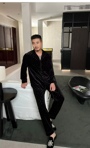 Pijamas de Terciopelo Europeo, Adecuados para Hombres y Mujeres, Traje Negro con Cadena de Diamantes, Pantalones de Manga Larga, Ropa de Calidad - Product Image 6