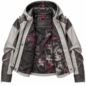 Grey <b>Women</b> Genuine Leather Hooded Jacket Custom Punk Portrait Graphic Print Colorblock Spiked <b>Outerwear</b> OEM Factory Service - Product Image 5
