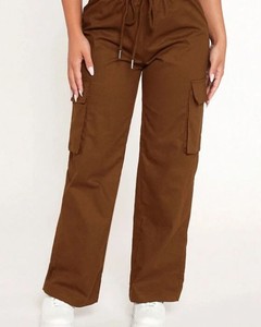 Pantalon cargo décontracté taille haute pour femme, nouvelle collection automne, coupe large, en pur coton, avec plusieurs poches, broderie, style devant plat - Product Image 1