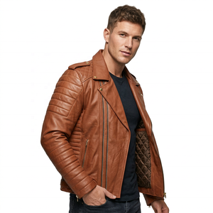 <b>Men's</b> Brown Genuine Leather Moto Biker <b>Jacket</b> Turn Down Collar Zipper Quilted Ribbed Sleeves - Product Image 2