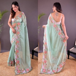 Sari en organza de qualité supérieure, motif floral brodé, tissage original en soie, idéal pour les fêtes - Product Image 3