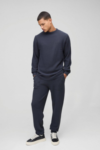 Men's Navy Blue Cotton <b>Tracksuit</b> Crew Neck Sweatshirt Jogger Pants Set Casual Autumn Wear Solid Color Full Sleeve Regular Fit - Product Image 5