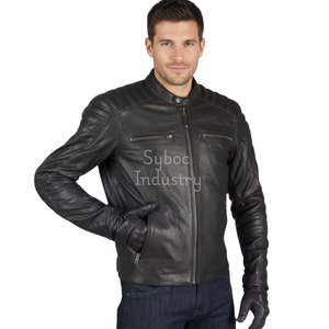 Chaqueta de Moto de cuero negro para hombre, elegante, ajustada, piel de vaca Real, cremallera, estilo de bolsillo, chaqueta de Moto de cuero acolchado con protección - Product Image 1