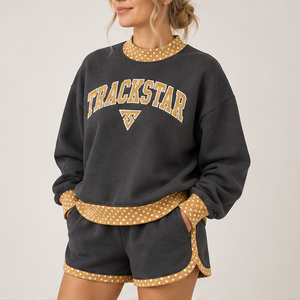 Ensemble short 2 pièces pour femme, col montant, avec bordure à pois contrastante anthracite, vêtements de sport décontractés personnalisés - Product Image 3