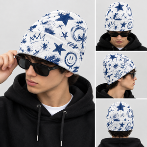 Custom Beanie Cap with Blue Graphic Print Pattern and Folded Cuff <b>Winter</b> Street Wear <b>Hat</b> for <b>Men</b> and Women Outdoor Wear Designs - Product Image 3