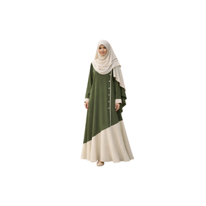 Abaya longue vert olive pour femme avec panneau blanc et détails lacés, coupe ample et modeste, en coton, pour usage quotidien, style Moyen-Orient - Product Image 4