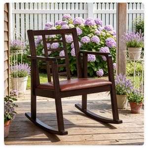 Sedia a dondolo in legno massello, poltrona ergonomica resistente con schienale a gradino traspirante per il relax interno, colore marrone - Product Image 1