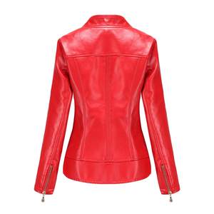Nueva Colección 2026 Chaqueta de Cuero para Motocicleta de Mujer, Primavera-Otoño, Roja, Corte Ajustado, con Líneas Bordadas, Cuero PU - Product Image 2