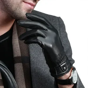 Gants de poignet unisexes en cuir de mouton noir, thermiques, non doublés, design uni, pour l'hiver, usage quotidien décontracté - Product Image 2