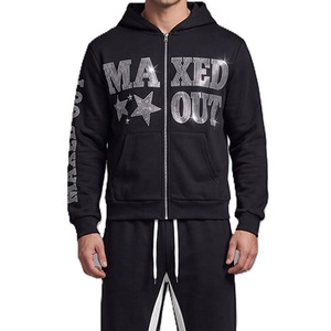 Conjuntos de sudaderas con capucha de algodón polar con cremallera completa y pantalones acampanados para hombre OEM, venta al por mayor con logotipo de diamantes de imitación personalizado brillante - Product Image 4