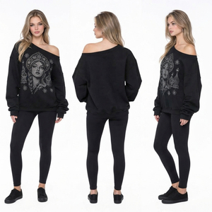 <b>Women's</b> Rhinestone Printed Off Soulder Sweat <b>Shirt</b> Oversized Heavyweight Cotton Fleece Tee Collarless <b>Women</b> Streetwear Sweat Tee - Product Image 5