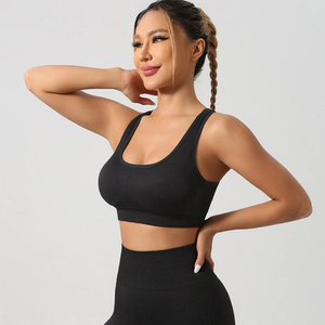 Ensemble de yoga 2 pièces sans couture en Spandex/Nylon écologique, comprenant un legging côtelé taille haute sans manches et un soutien-gorge de sport, motifs Léopard/Uni avec dentelle sur le devant - Product Image 5