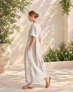 <b>Women</b> Ivory Cotton Linen Maxi <b>Dress</b> Short Sleeve Loose Fit <b>Vintage</b> Empire Waist Flowing Casual Summer <b>Dress</b> - Product Image 4