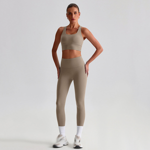 Nouveautés : Ensemble de leggings de yoga pour femmes en polyester/coton, respirant, uni, tenue de sport 2 pièces, taille élastique - Product Image 1