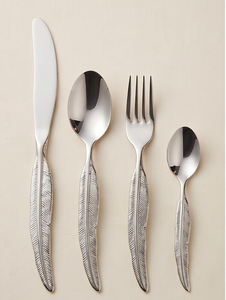 Ensemble de couverts modernes avec manche en plumes, en acier inoxydable, couteau, fourchette, cuillère, compatible lave-vaisselle, couleur argentée, pour mariage - Product Image 1