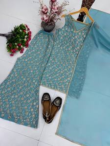HENIXA CREATION Ensemble 3 pièces Premium pour femme en Georgette épaisse, coupe ajustée, séchage rapide, Kurta, Palazzo et broderie de sequins sur quatre côtés - Product Image 6