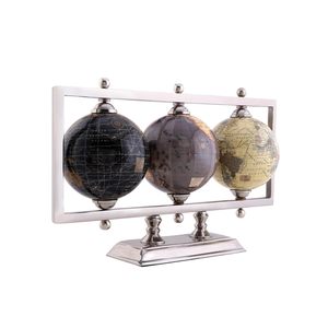 Ensemble de globes terrestres rotatifs de luxe en aluminium, triple globe, cadre rectangulaire argenté, cartes multiples, sculpture de bureau moderne, accent de table - Product Image 1