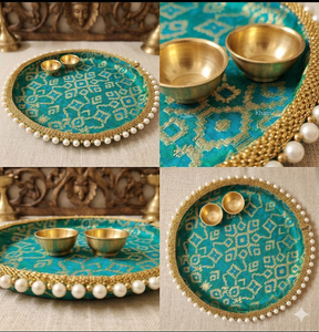 Hermoso juego de thali para puja de diseño Jaipurios, plato decorativo para pooja con estampado bandhej y borde de perlas, regalo festivo de Rakhi. - Product Image 2