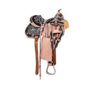 Selle Western en cuir avec incrustations florales, conchos turquoise, quincaillerie en laiton, arceau en bois, durable, couleur personnalisable, prête à être expédiée - Product Image 1