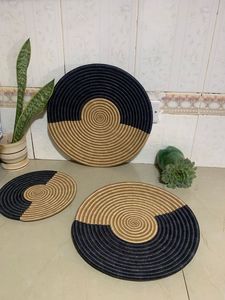 Round Fabric Table <b>Mats</b> Modern Handmade Geometric Design Black White Yellow 450mm Diameter - Product Image 5