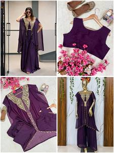 Ensemble traditionnel indien en Georgette avec broderie Zari et sequins, travail manuel, dentelle à motifs de pièces de monnaie, comprenant veste, blouse, sharara et gharar - Product Image 3