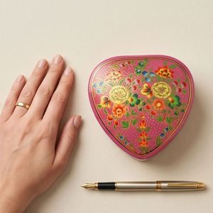 Handcrafted Magenta Heart Shaped Paper Mache <b>Jewellery</b> <b>Box</b> Golden Stipple Floral Design Traditional Indian Keepsake <b>Gift</b> - Product Image 5