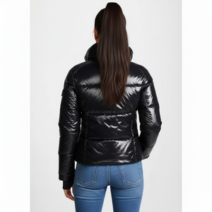 Chaqueta de Invierno Personalizada para Mujer, Negra, Brillante, Transpirable, Bordada, Rellena de Algodón, Tejida, con Capucha, de Vinilo - Product Image 4