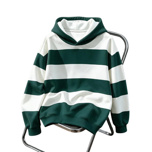 Sudadera con capucha de felpa 100% algodón a rayas verdes y blancas, manga larga, corte holgado, informal, puños y dobladillo acanalados, anti-bolitas - Product Image 1