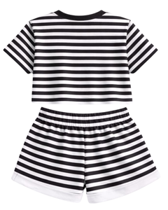 Ensemble décontracté deux pièces pour femme, haut court et short rayés noir et blanc, taille élastique, style streetwear, idéal pour l'été, OEM - Product Image 4