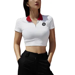 2021 sıcak satış en moda kız gömlek pamuk/spandex fermuar kırpma üst düz beyaz kadın polo GÖMLEK