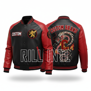Custom Brand Men's PU Leather Varsity Jacket Red Black Dragon Embroidery Windproof Casual Autumn Winter Turn-down Collar - Product Image 1