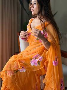 InCotton.M <b>Orange</b> Faux Georgette Lehenga <b>Saree</b> Set with Choli and Lace Work Dupatta for Wedding Party Occasions - Product Image 1