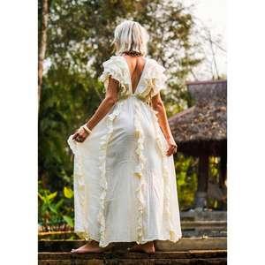 Robe longue blanche à volants pour femme, style bohème, manches longues, col en V profond, taille naturelle, lavable, pour l'été, la plage, les mariages et les fêtes - Product Image 4