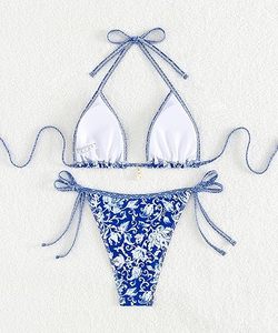 Customized Women's <b>Bikini</b> 2-Piece <b>Set</b> with Halter Neckline V-<b>Strings</b> Floral Pattern in Spandex/Nylon Fabric - Product Image 5