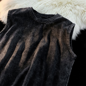 OEM Customized Logo Embroidery Heavyweight Pure Cotton Washed Distressed Unisex Oversized Sleeveless Sports Casual Tank T Shirt - Product Image 3
