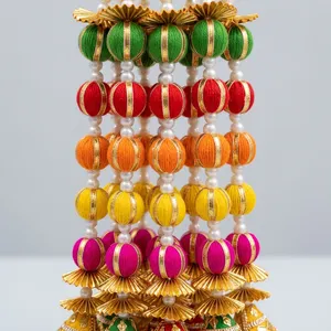 Décoration de porte traditionnelle multicolore perlée avec accents de perles et pompons dorés pour mariage, festival, pooja et décoration intérieure - Product Image 2