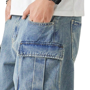 Pantalones Cargo de Mezclilla Casuales para Hombre, Corte Regular, Multibolsillos, Detalle de Botones, Lavado Medio, Secado Rápido, Transpirables, 100% Algodón, Peso Medio - Product Image 6