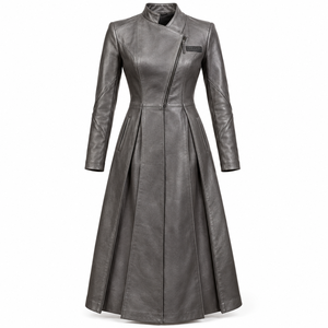 Grey <b>Leather</b> Duster Coat Pleated Flare Asymmetric Zip Trench Jacket Womens Custom Made To Order Manufacturing Service - Product Image 1