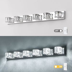 Applique murale LED moderne 41 pouces à 6 lumières en cristal, élégante, chromée, pour salle de bain et chambre à coucher, avec abat-jour en cristal transparent - Product Image 6