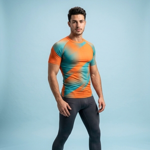 Men Geometric Pattern Compression Short Sleeve T-Shirt O-Neck Slim Fit Sporty Quick Dry Knitted Polyester Athletic Wear - Product Image 1