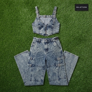 Women Denim Crop Top And Cargo Jeans Set Strappy Bustier Top Buckle Detail Wide Leg Utility <b>Pants</b> Two Piece Outfit - Product Image 6