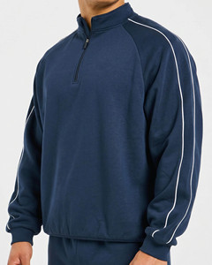 <b>Top</b> Selling Custom Navy <b>High</b> Neck Men's Quarter Zip Piping Hoodie Cotton Blend Breathable Tracksuit Streetwear Hoodie For Men - Product Image 5